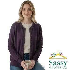 Lands’ End Purple Jewel Tone Cardigan Women’s L Beaded Trim Hook‑Eye Closure EUC